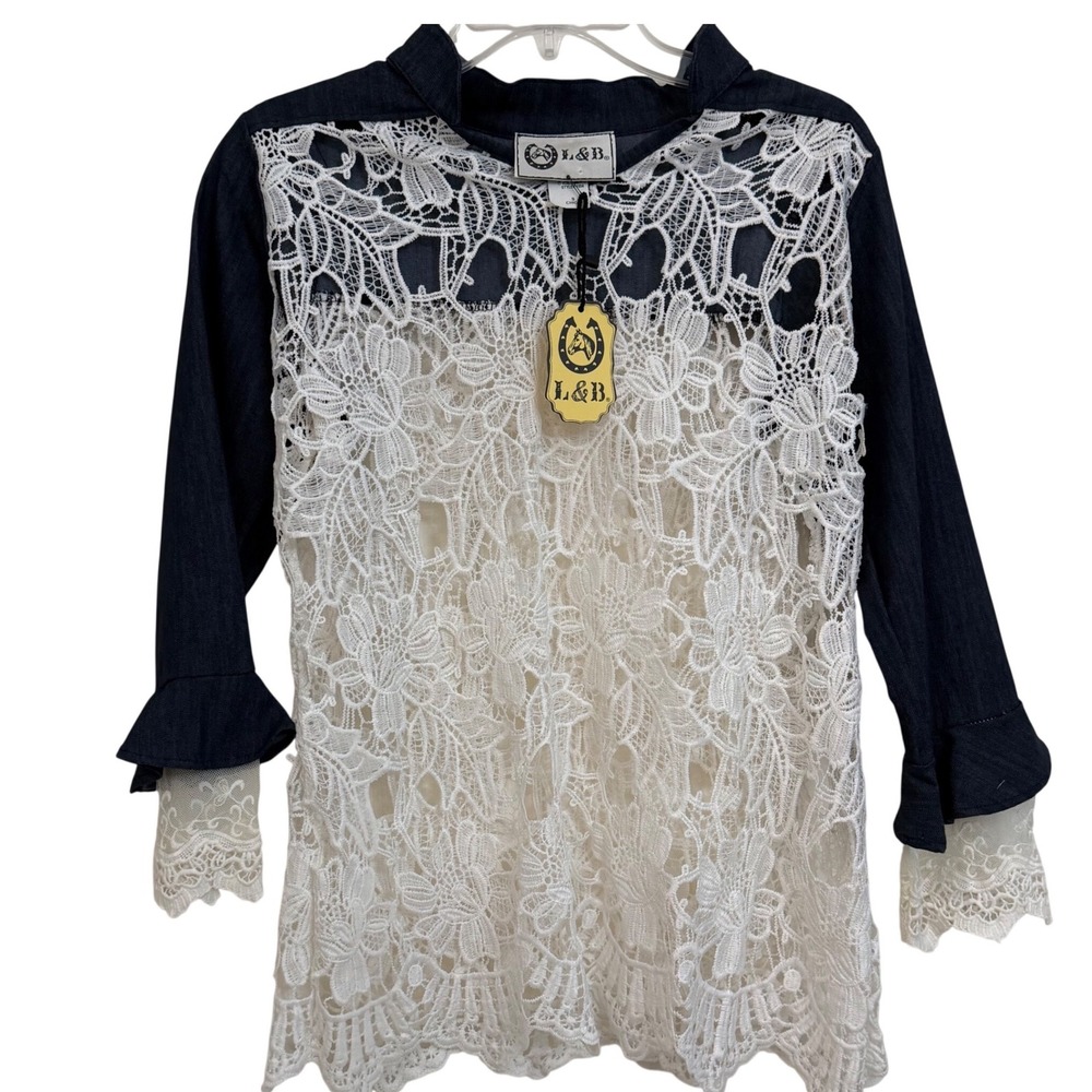 L&B Lucky & Blessed Women Denim Lace Top Blue White Western Floral NWT S Country